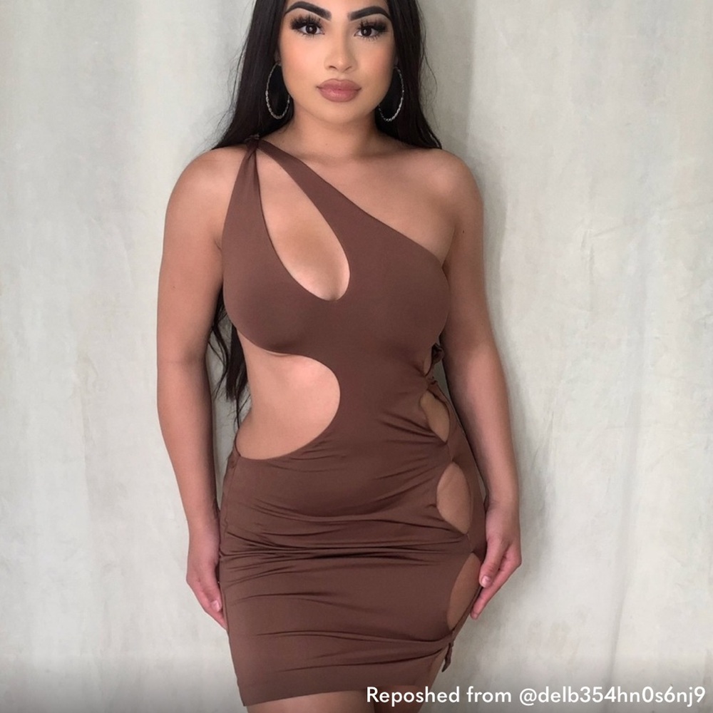Brown Asymmetrical Ruched Cocktail Dress